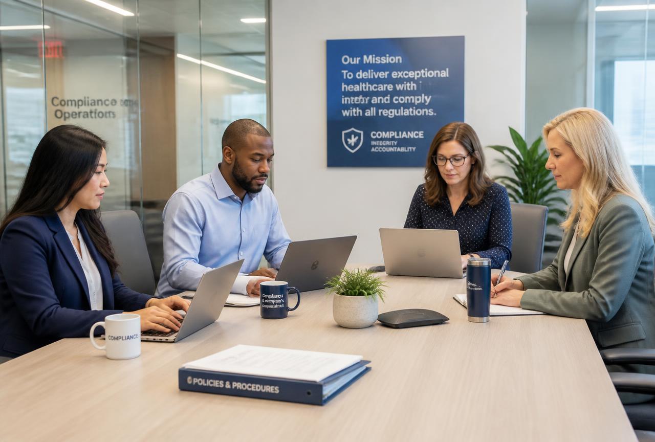 A compliance operations team reviewing documentation in a modern office