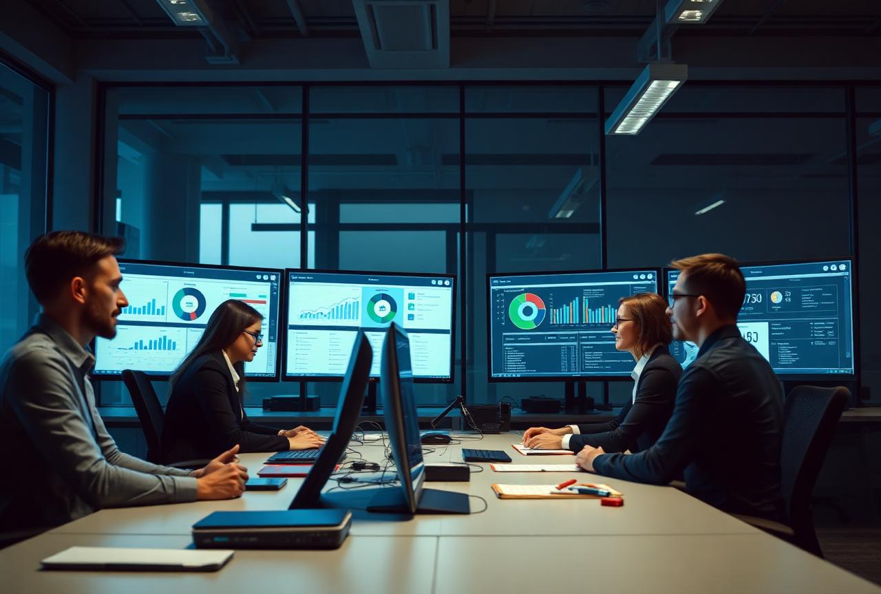 A digital health team reviewing product dashboards on large monitors