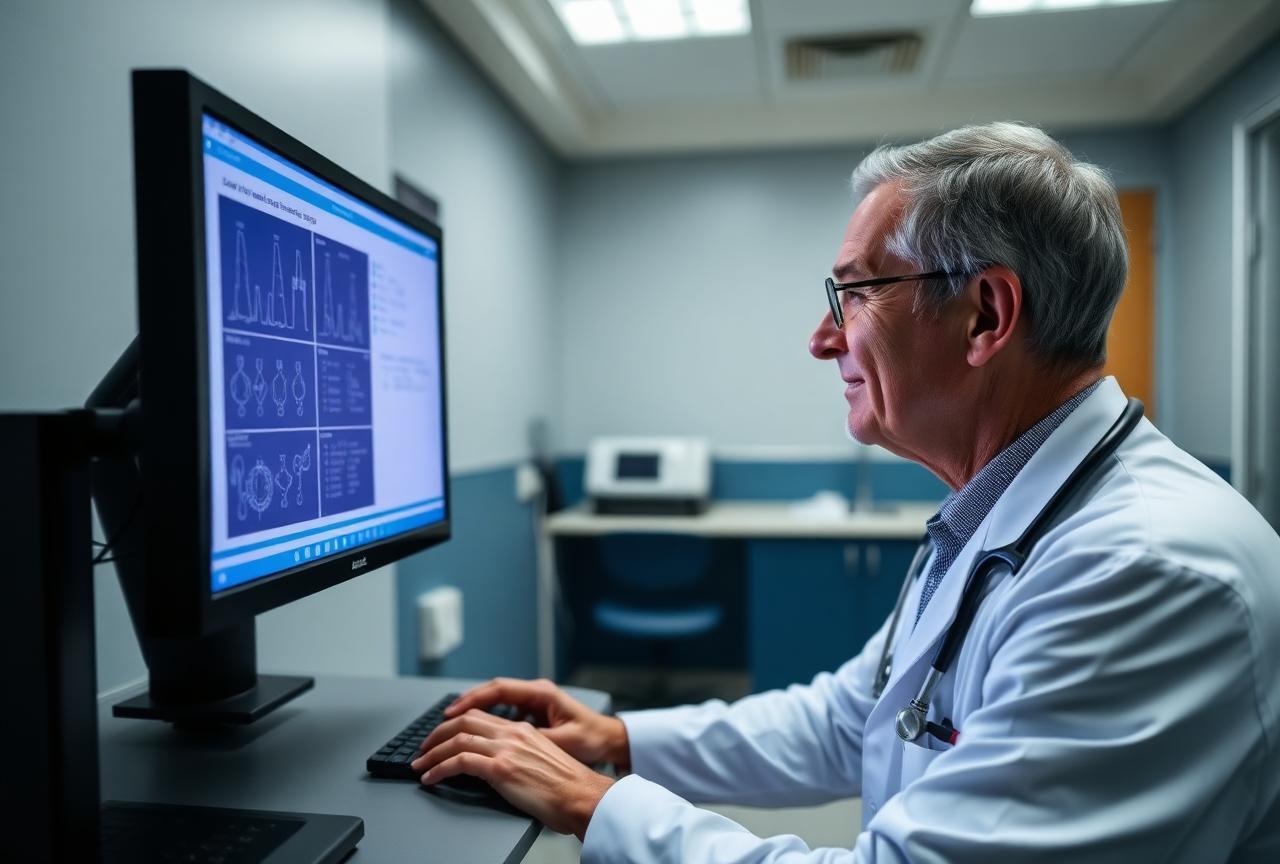 A physician reviewing laboratory results on a clinic workstation