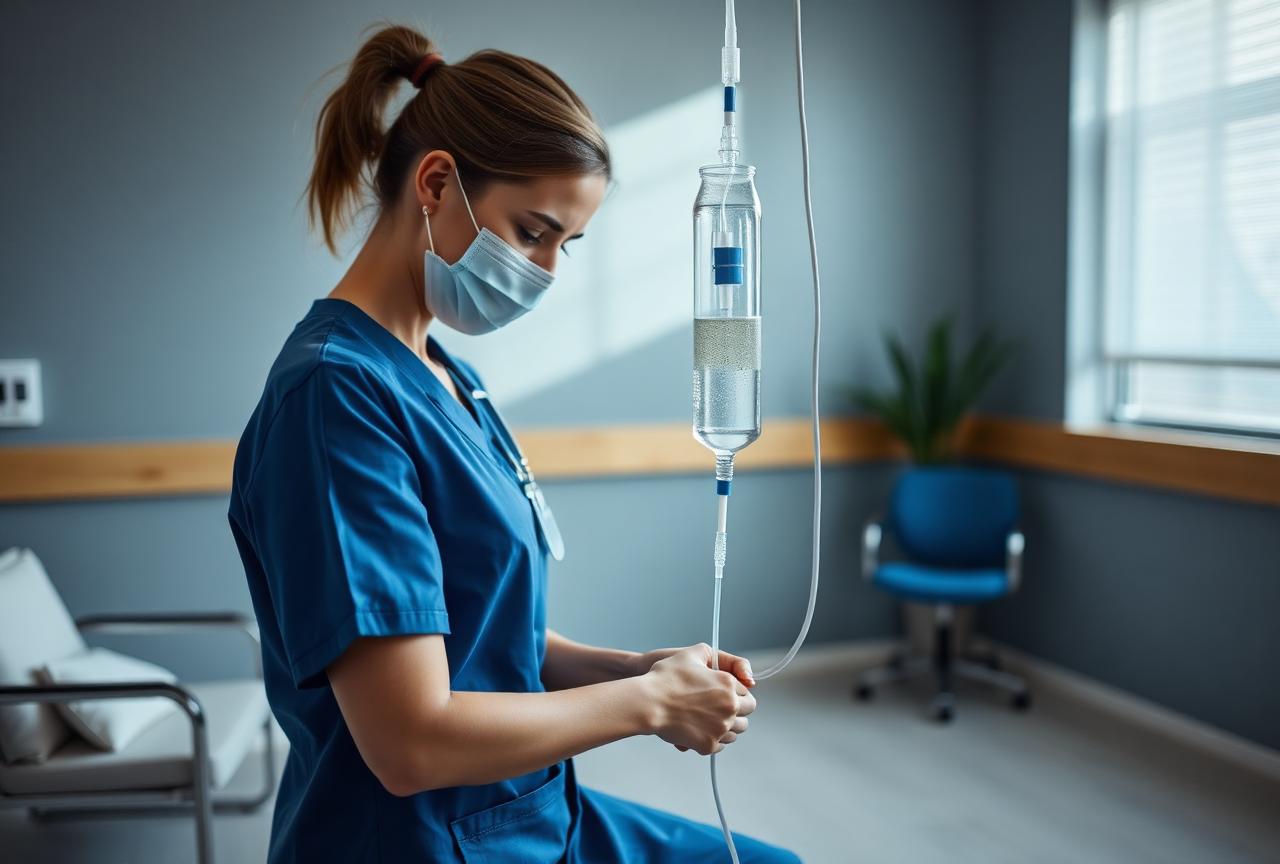 A nurse preparing an IV hydration therapy drip in a treatment room