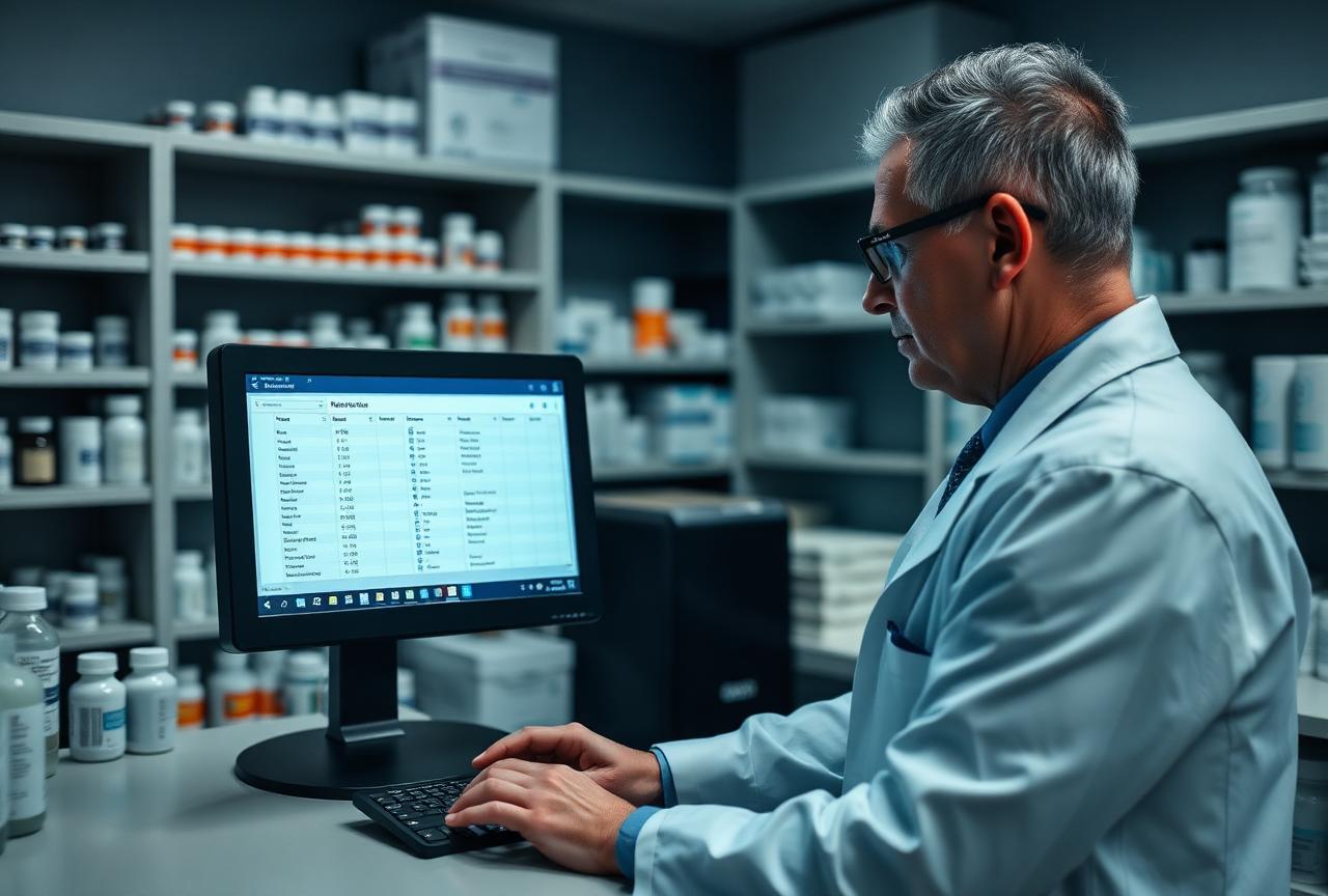 A pharmacist reviewing prescription fulfillment records in a modern pharmacy