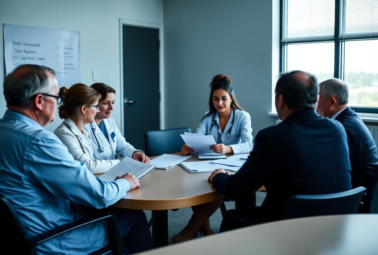 Clinicians and administrators reviewing network documentation in a conference room